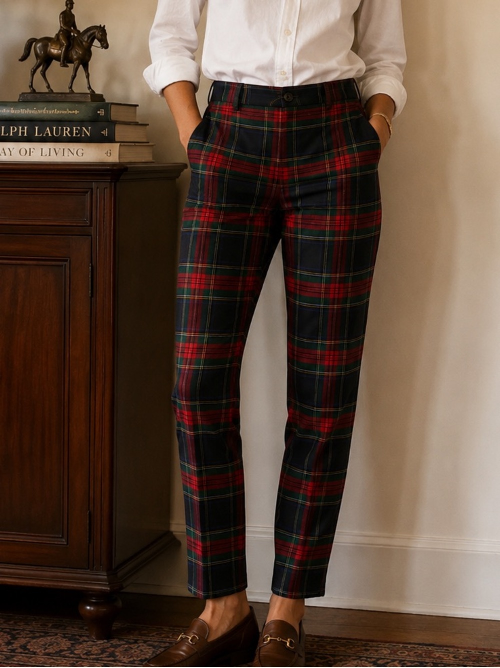 Lauren Ralph Lauren Red Black Tartan Plaid Straight-Leg Trousers Prep Academia